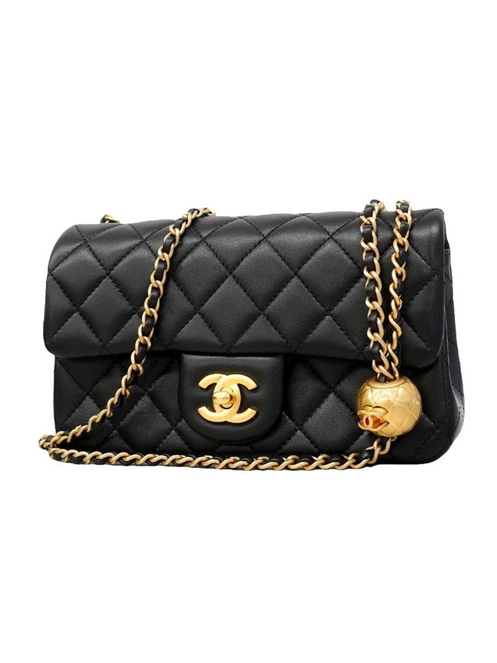 Chanel Shoulder Bag Quilted Lambskin Black Champagne Gold